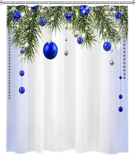 Miniatura 2 de Cortina de ducha de Feliz Navidad, bolas de Navidad azules y ramas de pino verde en tela blanca moderna, cortina de ducha para baño, cortina de baño