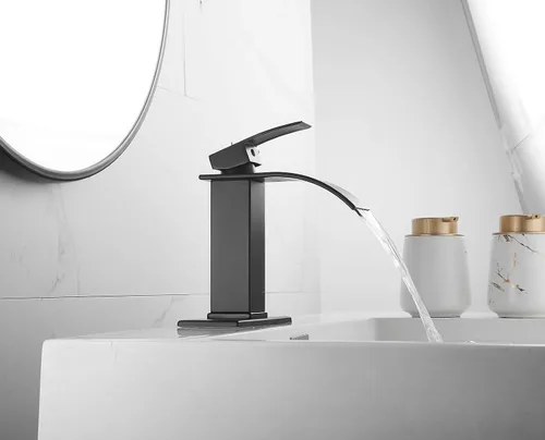 Miniatura 4 de Grifo de baño negro de un solo agujero con una manija para lavabo de baño, cascada, montaje en cubierta, grifo mezclador de baño comercial