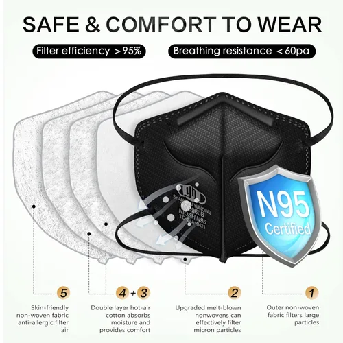 Miniatura 2 de Máscara N95 aprobada por NIOSH, paquete de 100 mascarillas respiradoras de partículas N95, ajuste universal, envueltas individualmente, color negro