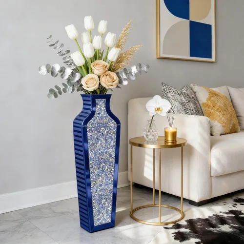 Miniatura 4 de SHYFOY Jarrón de piso de diamante triturado azul, grandes jarrones altos con espejo para piso, modernos jarrones decorativos de vidrio para sala