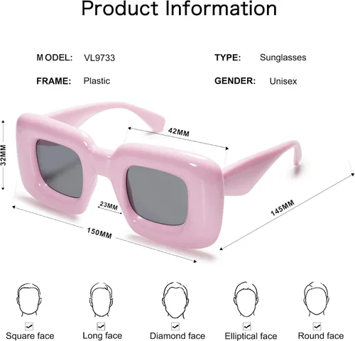 Miniatura 4 de VANLINKER Lindas gafas de sol cuadradas infladas para mujeres y hombres, gafas gruesas retro con marco grueso divertido máscara sombras VL9733