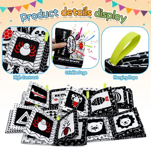 Miniatura 4 de Dr.Rapeti Libros de tela suave para bebés, libros de baño, paquete de 6 para bebés, niños pequeños, de alto contraste, blanco y negro, arrugado