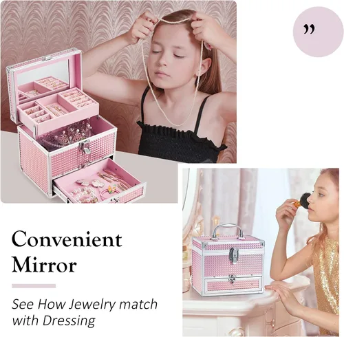 Miniatura 2 de Hododou Joyero organizador para niñas con cajón y espejo estuche de almacenamiento con cerradura estilo rosa brillante para niños o niñas pequeñas