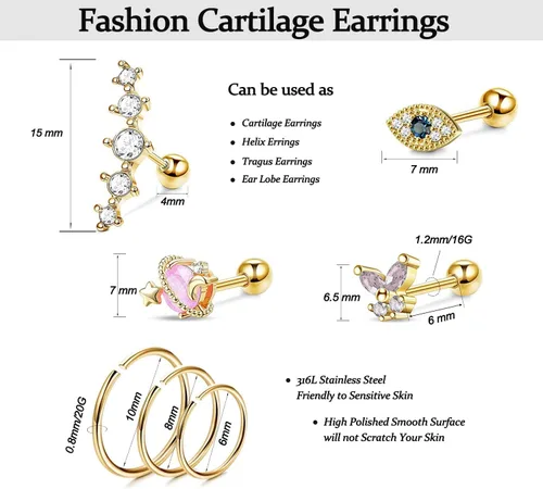 Miniatura 2 de UBOORY Aretes de cartílago, aretes hipoalergénicos, joyería de piercing para tragus, aretes de daith, aretes de hélice, joyería de piercing