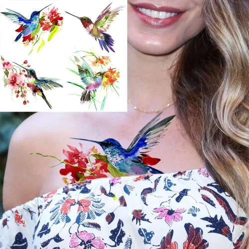 Miniatura 8 de 15 hojas de tatuajes temporales de colibrí de acuarela 3D de FANRUI para mujeres y niñas, pequeño, multicolor, colibrí, tatuaje, temporal, colorido