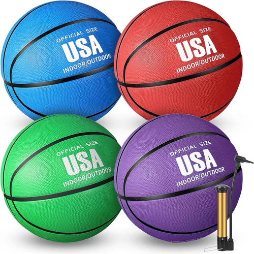 Miniatura 7 de Libima 4 piezas de baloncesto de goma con bomba de tamaño oficial para interiores y exteriores, juego de baloncesto, práctica, entrenamiento
