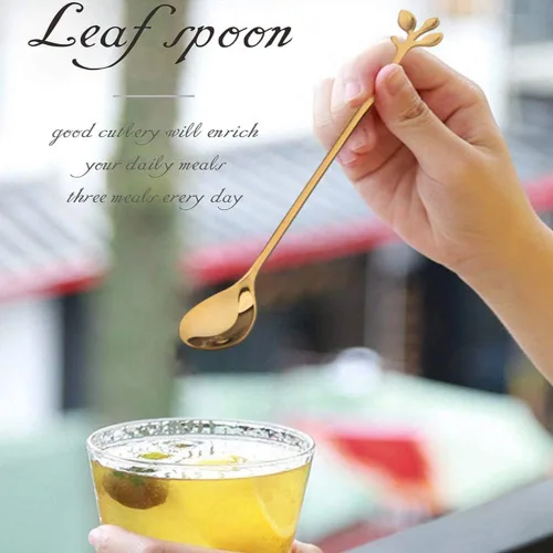 Miniatura 3 de Comicfs - Juego de 12 cucharas de té helado de mango largo, cuchara de helado de 7.6 pulgadas, cucharas creativas de cóctel de hoja dorada, acero Oro
