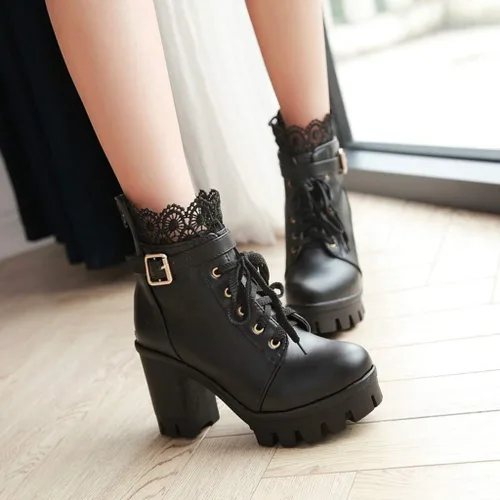 Miniatura 2 de Hbeylia Botas de combate de plataforma para mujer botas de cuero con encaje grueso botines de cuero gótico antideslizantes tacones altos botas