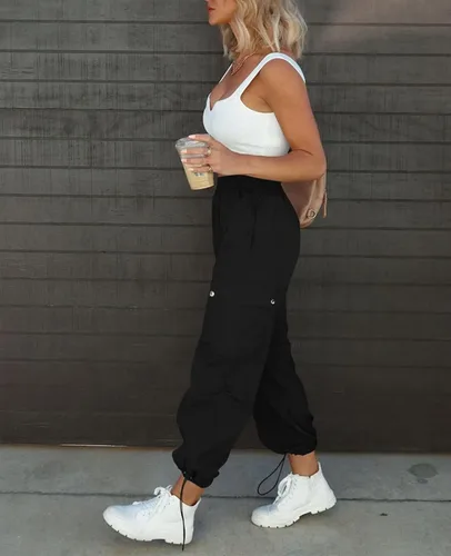 Miniatura 6 de Pantalones de paracaídas para mujer, cintura alta elástica, pantalones cargo Y2K holgados con 4 bolsillos