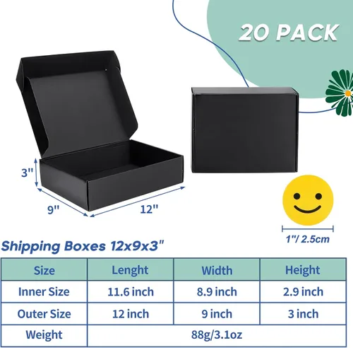 Miniatura 2 de Rempry Cajas de envío negras de 12 x 9 x 3 pulgadas, paquete de 20, cajas de correo de cartón corrugado para embalaje, cajas de regalo con tapas