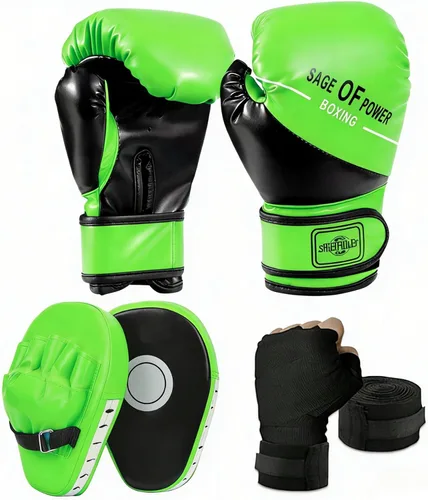 Miniatura 11 de Juego de guantes de boxeo y guantes de boxeo 3 en 1 para niños, guantes de boxeo, almohadillas de enfoque con envolturas de mano para niños,