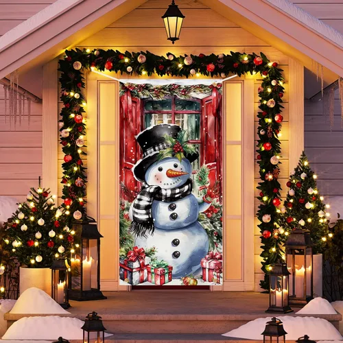 Miniatura 2 de Cubierta de puerta de Navidad, muñeco de nieve, decoración de fondo de fotografía grande, cartel de porche para invierno, interior y exterior