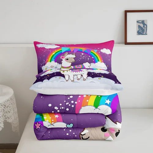 Miniatura 5 de Erosebridal Juego de edredón arcoíris para niños y niñas, bonito juego de ropa de cama de llama tamaño individual, juegos de edredón de alpaca