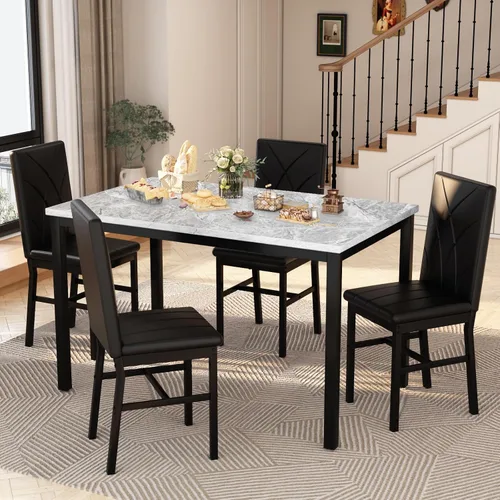 Miniatura 3 de Recaceik Juego de 4 sillas de mesa de comedor para 4, sillas de cocina de mármol sintético con patrón dinámico hacia arriba, mesa de cocina pequeña