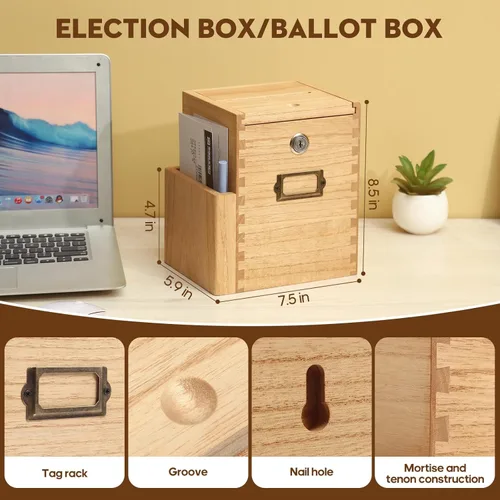 Miniatura 2 de KIRIGEN Caja de sugerencias de madera con cerradura y 2 llaves, urna montada en la pared o encimera con bolsillo lateral para formularios, caja