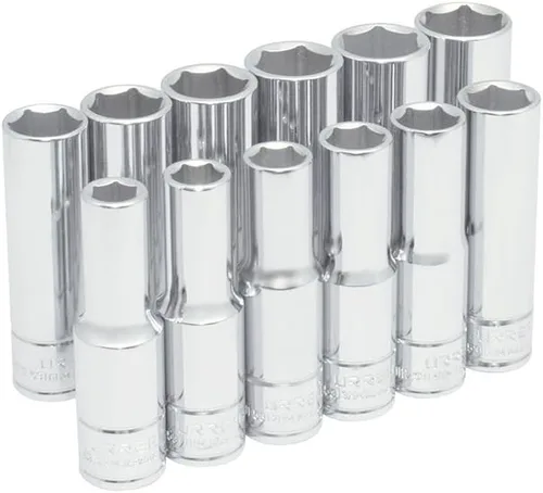 Urrea 54204 Juego de llaves de vaso cromadas de 6 puntos con clips y rieles de 1/2 pulgadas, 0.394 in - 0.827 in, 12 piezas