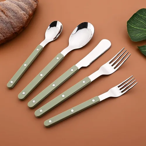 Miniatura 8 de Juego de 20 cubiertos de acero inoxidable para 4 piezas con mango de plástico acrílico, mantequilla y cuchillo de cena, juego de cubiertos