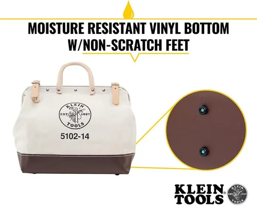 Miniatura 3 de Klein Tools 5102-14 Bolsa de herramientas de lona natural resistente, bolsa de herramientas, bolsa multiusos con apertura ancha con bisagras y asas