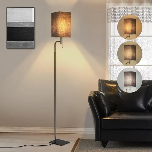 Lámpara de pie moderna para sala de estar, color negro, 3 temperaturas de color, pantalla de lino, diseño minimalista, lámpara alta para lectura,