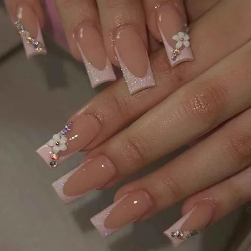 Foccna - Uñas postizas 3D con flores, cuadradas, rosas, francesas, brillantes, con strass, largas, para manicura, 24 piezas