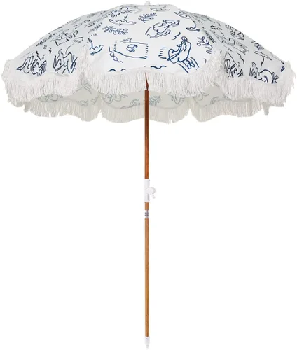 Miniatura 9 de Business & Pleasure Co. Sombrilla Holiday - Sombrilla de playa bohemia con flecos blancos, UPF 50+, poste de madera inclinable de 1", 5' x 6.5', oro