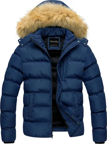Miniatura 15 de Pursky Chaqueta de plumón impermeable para hombre, abrigos de invierno con capucha de piel para esquiar, parka con capucha de piel