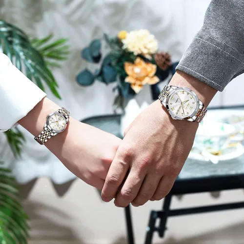 Miniatura 2 de OLEVS Juego de 2 relojes de cuarzo para parejas de San Valentín, calendario luminoso, ventana de fecha, 3 ATM, impermeable, casual, acero