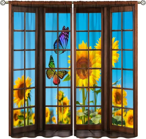 Miniatura 30 de Sunflower Curtains for Living Room Bedroom, Spring Nature Blue Sky and Butterfly Window Drapes, Rustic Wooden Fence Floral Botanical Decor, 2 Panels