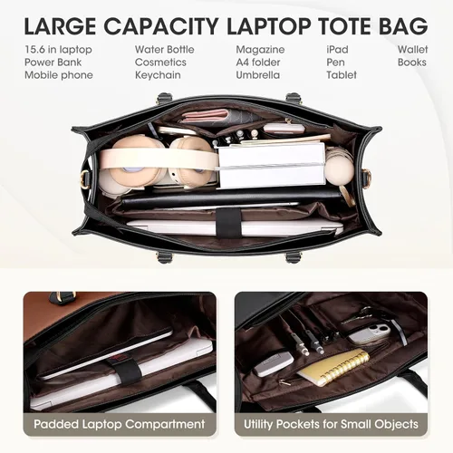 Miniatura 4 de RAINSMORE Bolsa de mano para laptop para mujer, 15.6 pulgadas, bolsas de trabajo grandes para mujeres, impermeables, para negocios, oficina