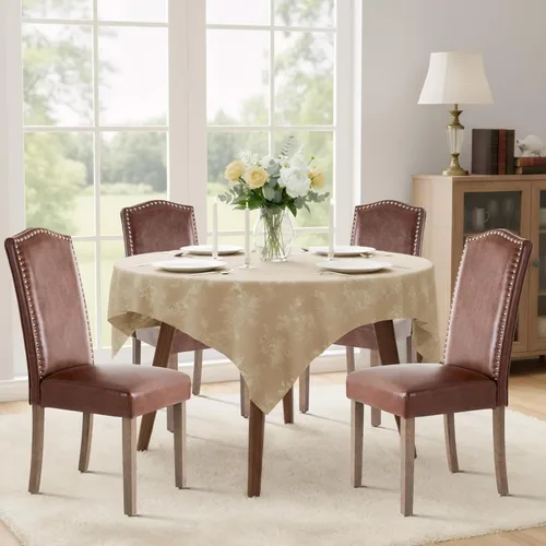 Silla de comedor tapizada moderna y elegante Parsons con respaldo alto con ribete plateado de cabeza de clavo y patas de madera, juego de 4, piel