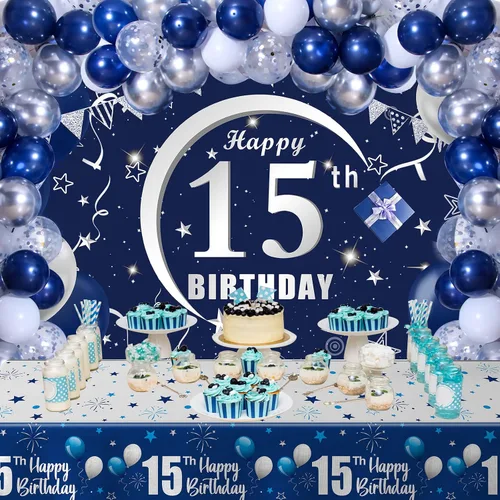 Miniatura 3 de Decoraciones de cumpleaños número 15 para niños y niñas, decoraciones de cumpleaños azul marino para niños y niñas, incluyendo decoraciones de feliz