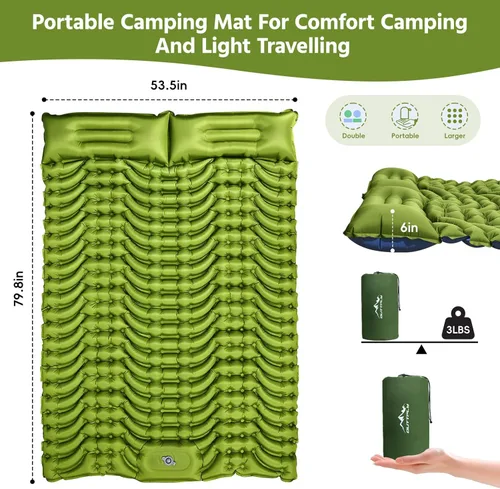 Miniatura 2 de Almohadilla de dormir doble para campamento, autoinflable de 4 pulgadas, extra gruesa, para 2 personas con almohada, bomba de pie incorporada