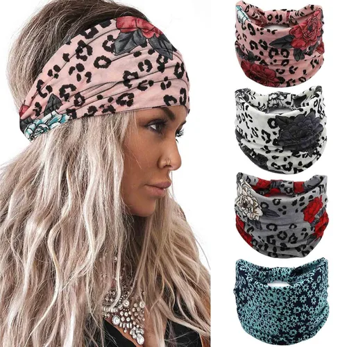 Miniatura 8 de Acenail Diademas anchas para mujer, turbante anudadas, elásticas antideslizantes, bohemias, para entrenamiento, leopardo, yoga, bufandas de algodón