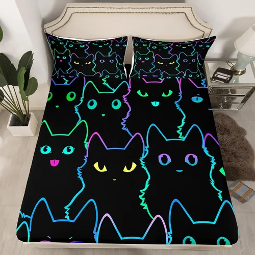Miniatura 2 de Erosebridal Juego de ropa de cama para niños, sábanas kawaii con diseño de gato, tamaño individual, juego de cama de 3 piezas con 1 sábana bajera, 1