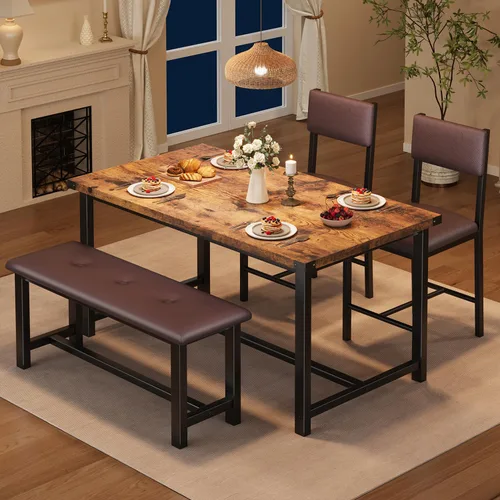 Miniatura 10 de GarveeHome Juego de mesa de comedor para 4, mesa de cocina con 2 sillas tapizadas y banco, juego de comedor de cocina de madera, para espacios