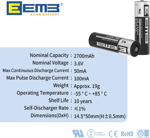 Miniatura 2 de EEMB 10Pack ER14505 3.6V AA Lithium Battery 2700mAh Li-SOCL₂ Non-Rechargeable Batteries SB-AA11 LS14500 TL-5903 SL-360 14500 ER14500 for Door Gate