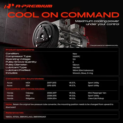 Miniatura 2 de Compresor de aire acondicionado A-Premium con embrague Compatible con Acura MDX 2007-2013, ZDX 2010-2013 y Honda Odyssey 2008-2017, Pilot 2008-2015