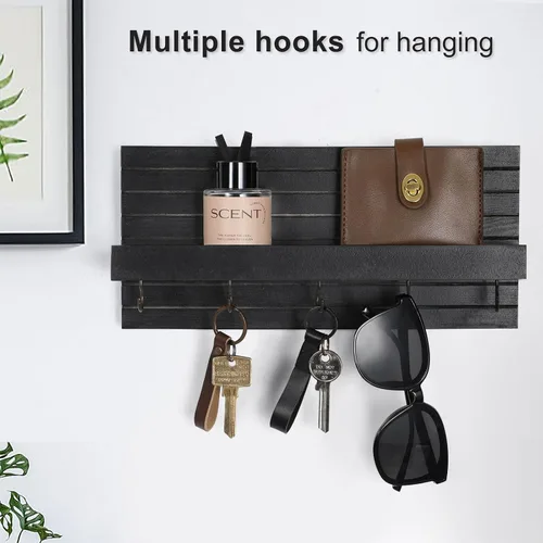 Miniatura 3 de Lwenki Soporte decorativo para llaves de pared con estante, estante de entrada con ganchos para correas, chaquetas y gafas, colgador de entrada