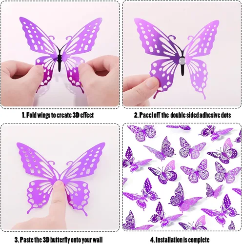 Miniatura 6 de SAOROPEB - Calcomanía de mariposa 3D para pared, 48 piezas, 4 estilos, 3 tamaños, extraíble, mariposa morada para decorar cumpleaños, fiestas