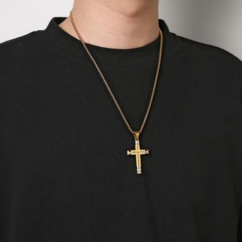 Miniatura 15 de HZMAN - Collar de acero inoxidable con colgante de cruz de fuerza, 3 colores disponibles, texto bíblico en inglés Filipenses 4:13
