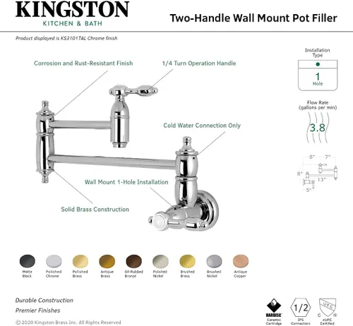 Miniatura 6 de Kingston Brass KS3103TAL - Grifo de cocina para relleno de olla de montaje en pared, latón antiguo