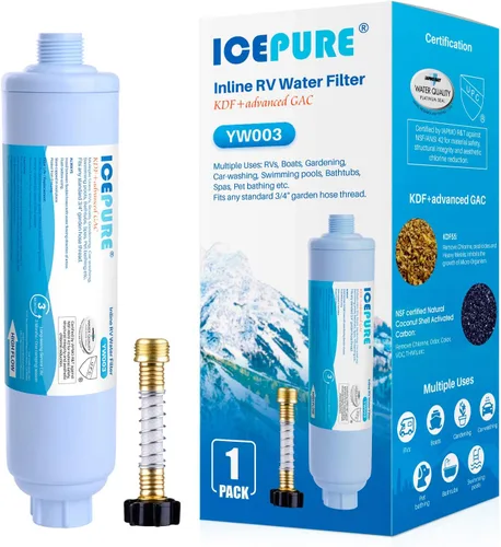 ICEPURE Filtro de agua en línea RV con protector de manguera antitorceduras, NSF/ANSI 42, filtración GAC y KDF, reduce el cloro y los olores, agua