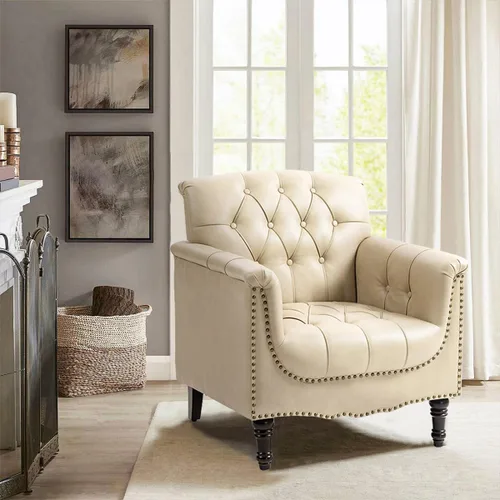 Pia Ricco Silla decorativa moderna copetuda, sillón individual de piel sintética con ribete de cabeza de clavo y patas de madera, cómodo asiento