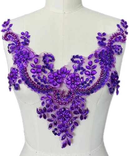 Miniatura 10 de Parches de encaje con flores y cuentas de perlas, apliques de strass para coser en ropa, cuello (AB)