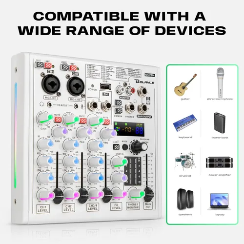Miniatura 6 de Bolanle Mezclador DJ de 4 canales con 100 efectos DSP, interfaz de audio USB y Bluetooth, tarjeta de sonido profesional para podcast, karaoke