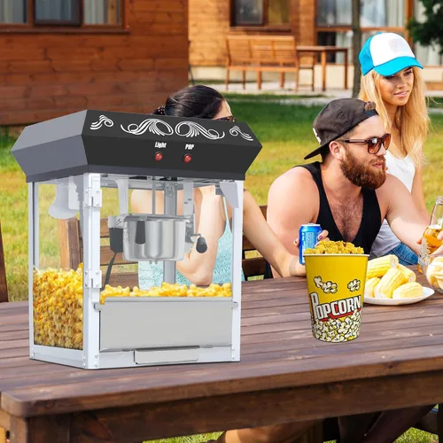 Miniatura 7 de Máquina para hacer palomitas de maíz Nyddle con carrito y hervidor de 8 onzas, máquina de palomitas estilo vintage con ruedas con vidrio templado