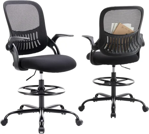 Miniatura 10 de DUMOS Silla de dibujo para escritorio de pie, altura de mostrador ajustable, brazos abatibles, ergonómicas de malla con respaldo medio, giratorias