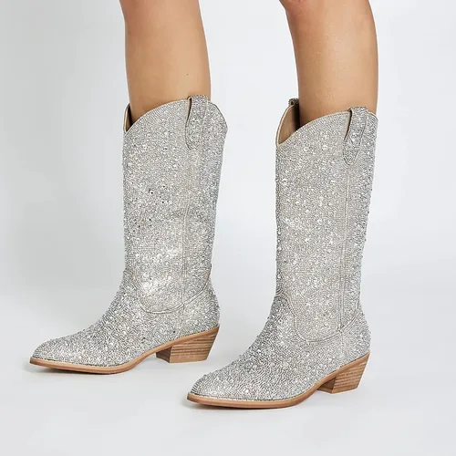 Miniatura 5 de MUCCCUTE Botas vaqueras con diamantes de imitación para mujer, puntera puntiaguda, tacón de 2.0 in, botas altas hasta la rodilla, botas