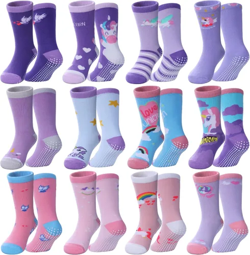 Miniatura 9 de Calcetines antideslizantes para niñas pequeñas, calcetines de algodón con agarres, 12 pares
