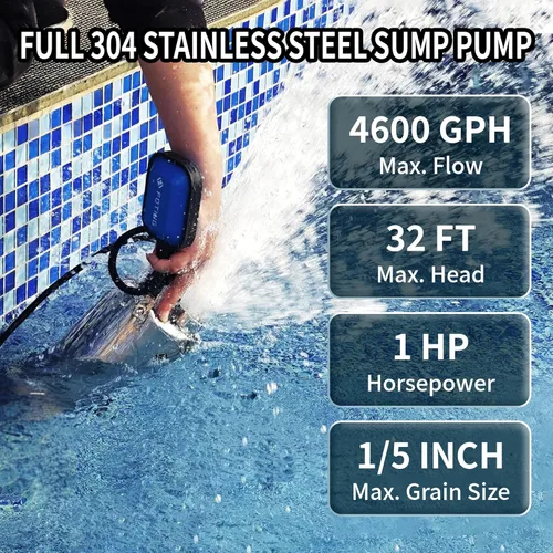 Miniatura 2 de FOTING Bomba de sumidero de acero inoxidable 304 completa con interruptor de flotador, bomba de agua sumergible automática de 1 HP 4600 GPH